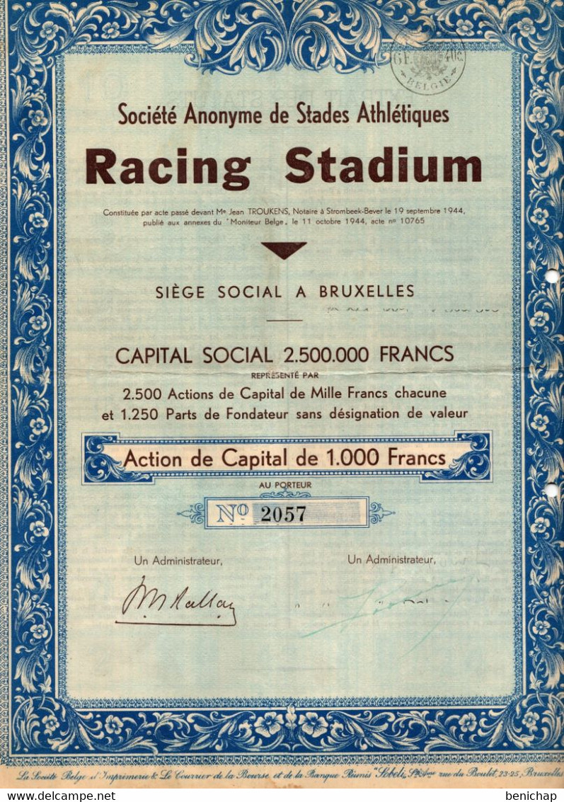 S.A. De Stades Atthlétiques Racing Stadium - Action De Capital De 1000 Frs. Au Porteur - Bruxelles Octobre 1944. - Deportes