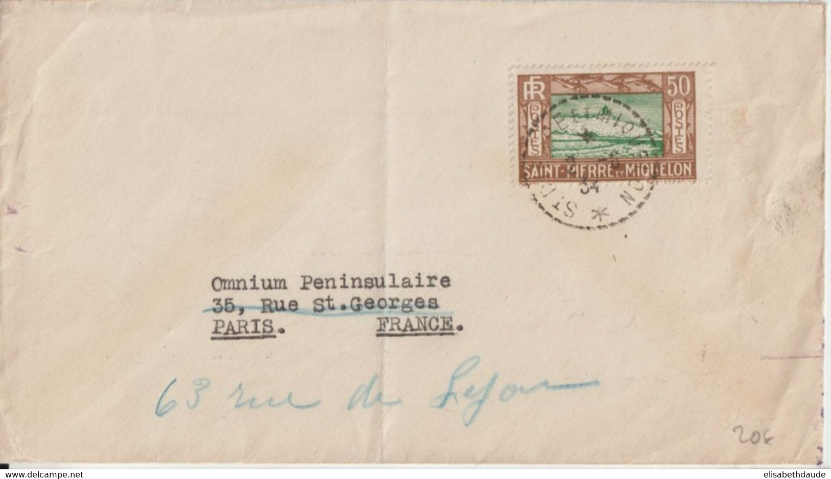 SPM - 1934 - SEUL Sur LETTRE De SAINT PIERRE ET MIQUELON => PARIS - Storia Postale