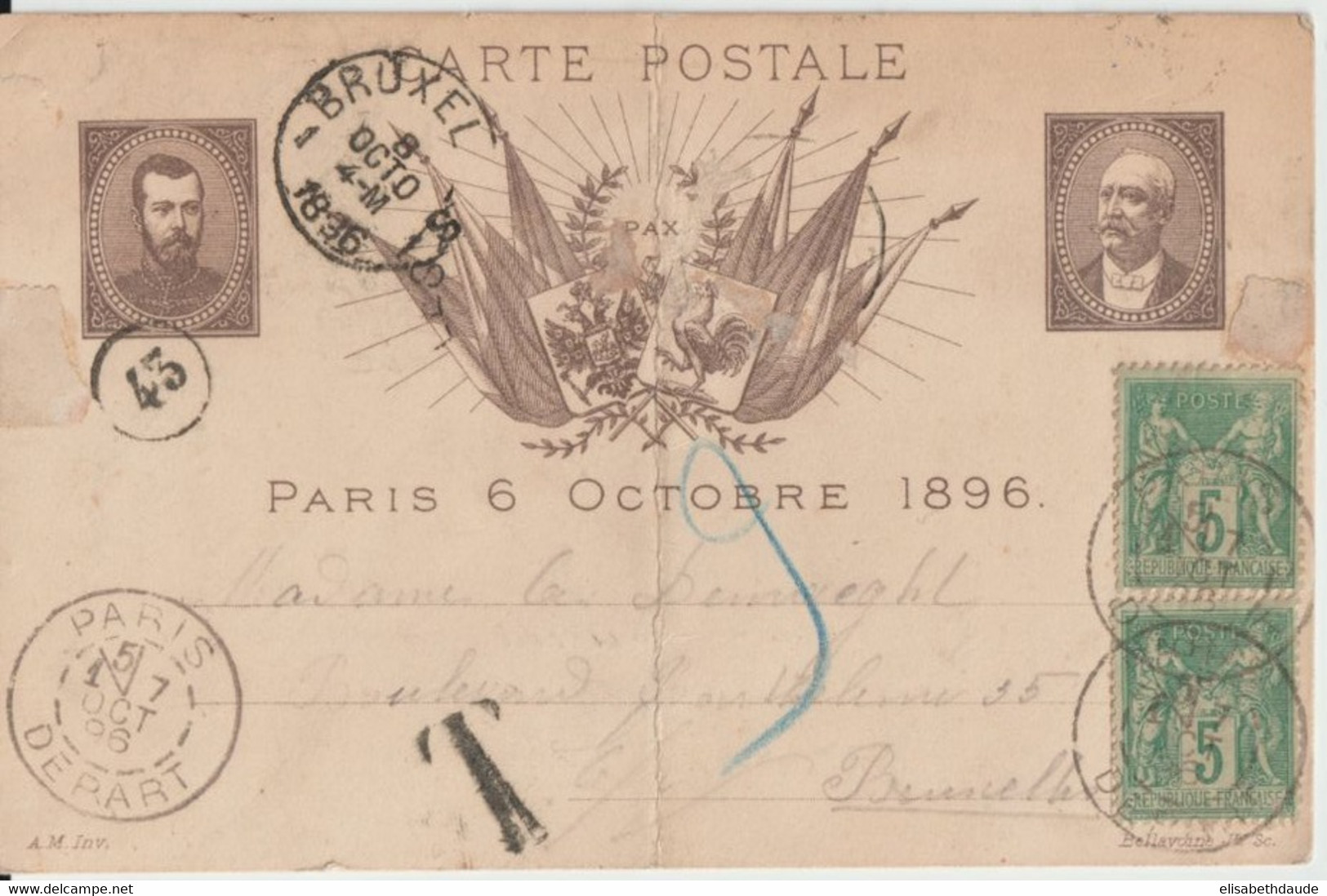 SAGE - 1896 - TAXE ! Sur CP PSEUDO-ENTIER POSTAL VISITE Du TSAR ! De PARIS => BRUXELLES (BELGIQUE) - Pseudo-entiers Officiels