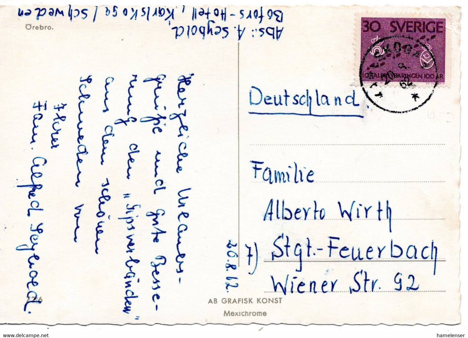 63846 - Schweden - 1962 - 30o. Briefzustellung EF A AnsKte KARLSKOGA -> Westdeutschland - Cartas & Documentos