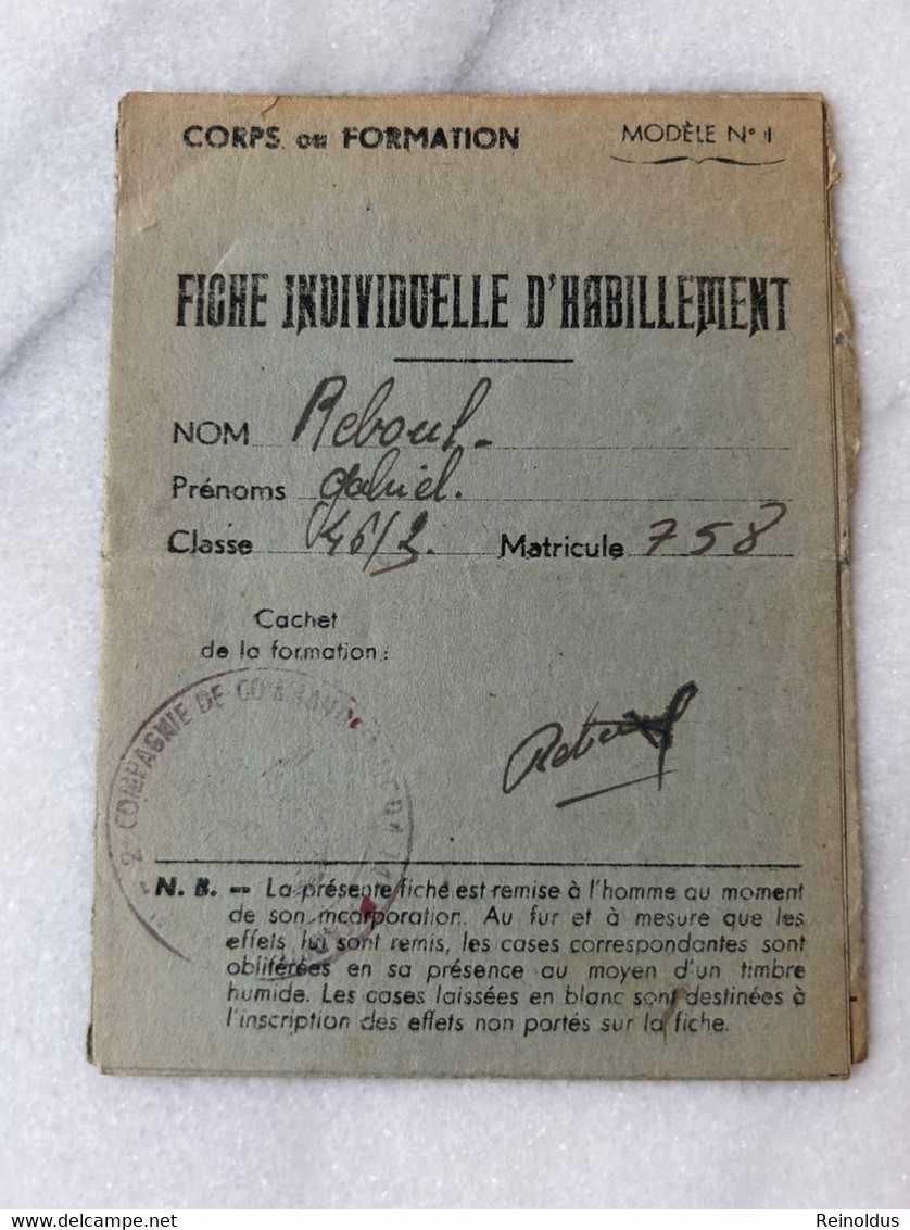 Document 12x9cm  Fighe Individuele D Habillement 1947 - Documenti