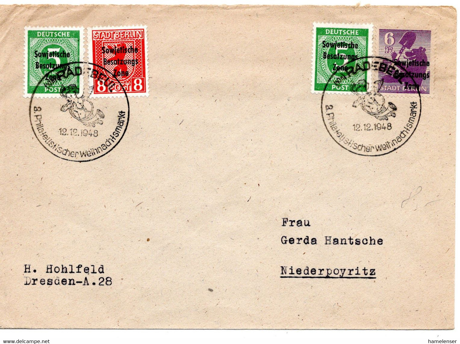 63852 - SBZ - 1948 - 8Pfg SBZ-Aufdruck MiF A Bf M SoStpl RADEBEUL - 2.PHILATELISTISCHER WEIHNACHTSMARKT -> Niederpoyritz - Altri & Non Classificati