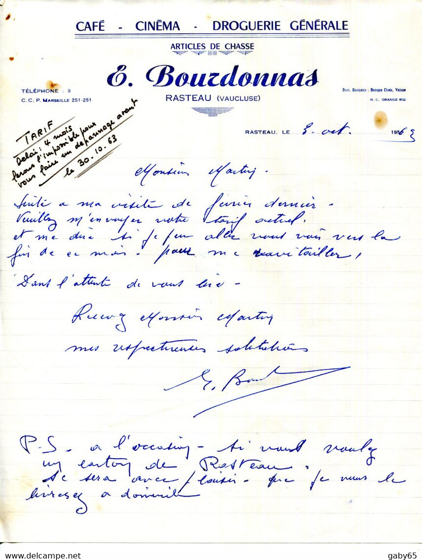 FACTURE.84.RASTEAU.CAFE.CINEMA.DROGUERIE.ARTICLES DE CHASSE.E.BOURDONNAS. - Drogerie & Parfümerie