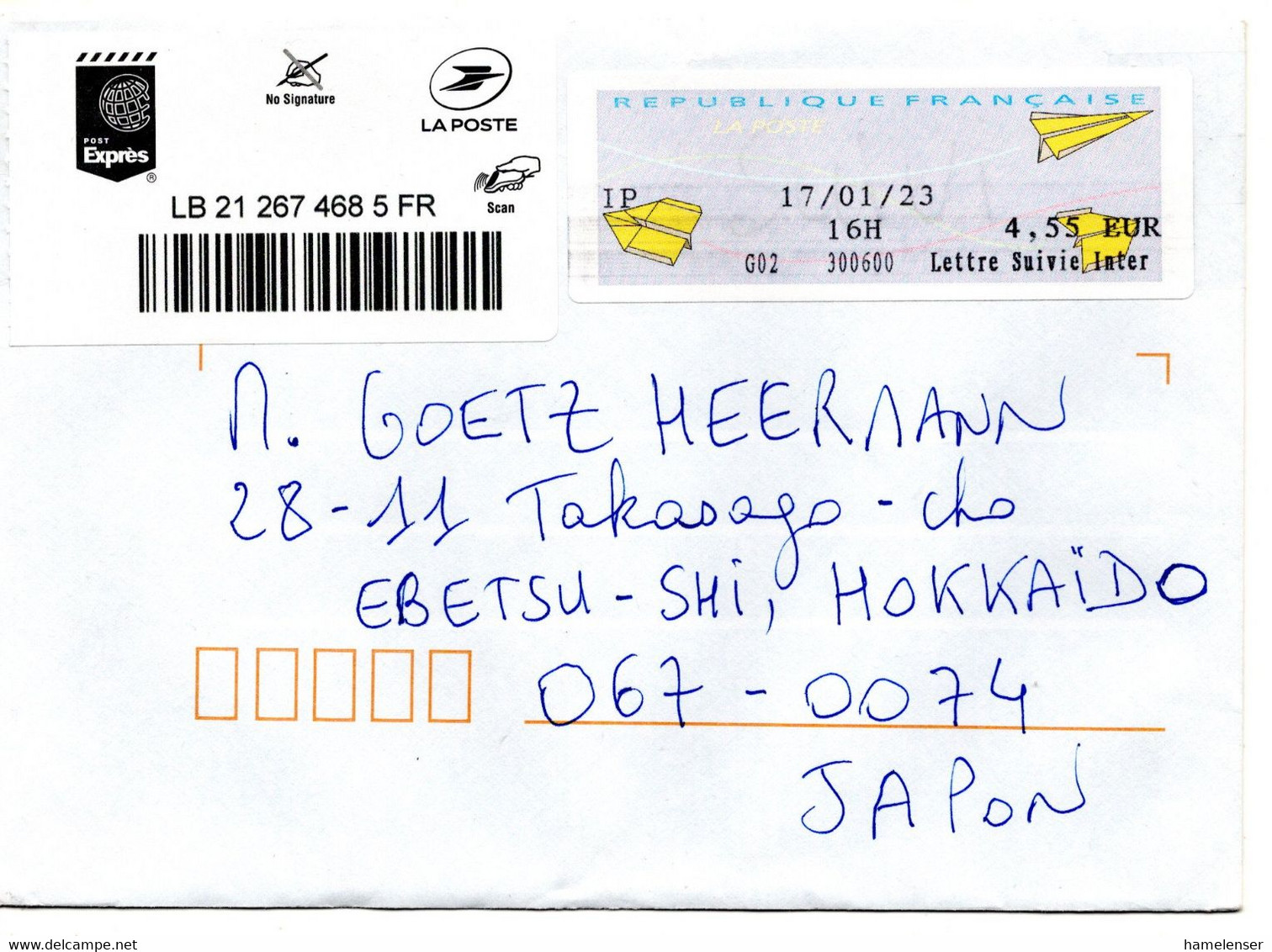 63871 - Frankreich - 2023 - €4,55 Schalterfreistpl A WarenpostBf -> Japan - Cartas & Documentos