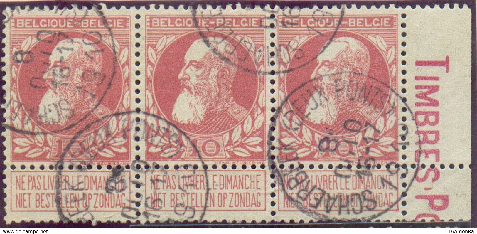 N°74(3) - 10 Centimes Rouge En Bande De Trois Bdf Droit Avec Inscription Marginale TIMBRES-P Obl. Sc  De SCHAERBEEK (DEU - 1905 Barba Grossa