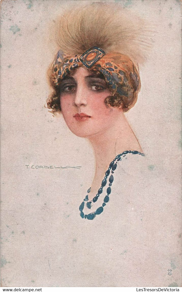 Illustrateur - Corbella - Femme Avec Un Turban A Plume Jaune Et Collier De Perle Bleu - Carte Postale Ancienne - Corbella, T.