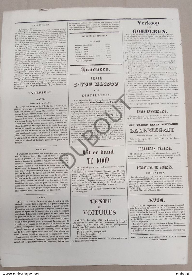 Hasselt/Limburg - Krant/Journal -  4 September 1844, 5de Jaar, Nr 101 (P335) - Algemene Informatie