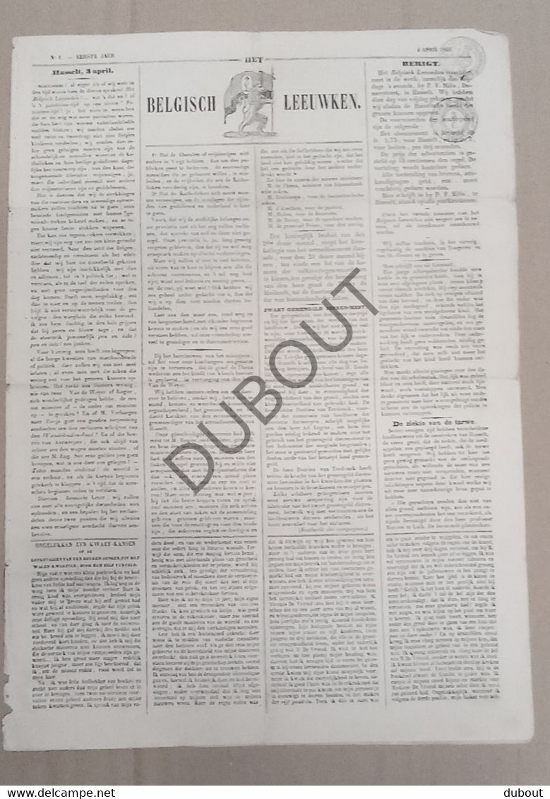 Hasselt - Krant/Journal - Het Belgisch Leeuwken -  4 April 1846, 1ste Jaar, Nr 1! (P334) - Informaciones Generales