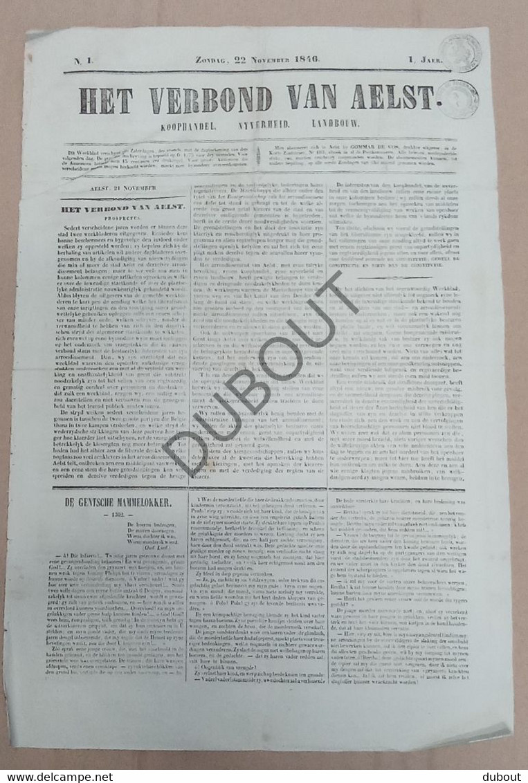 Aalst - Krant/Journal - Het Verbond Van Aelst -  22-11-1846, 1ste Jaar, Nr 1! (P333) - Informations Générales