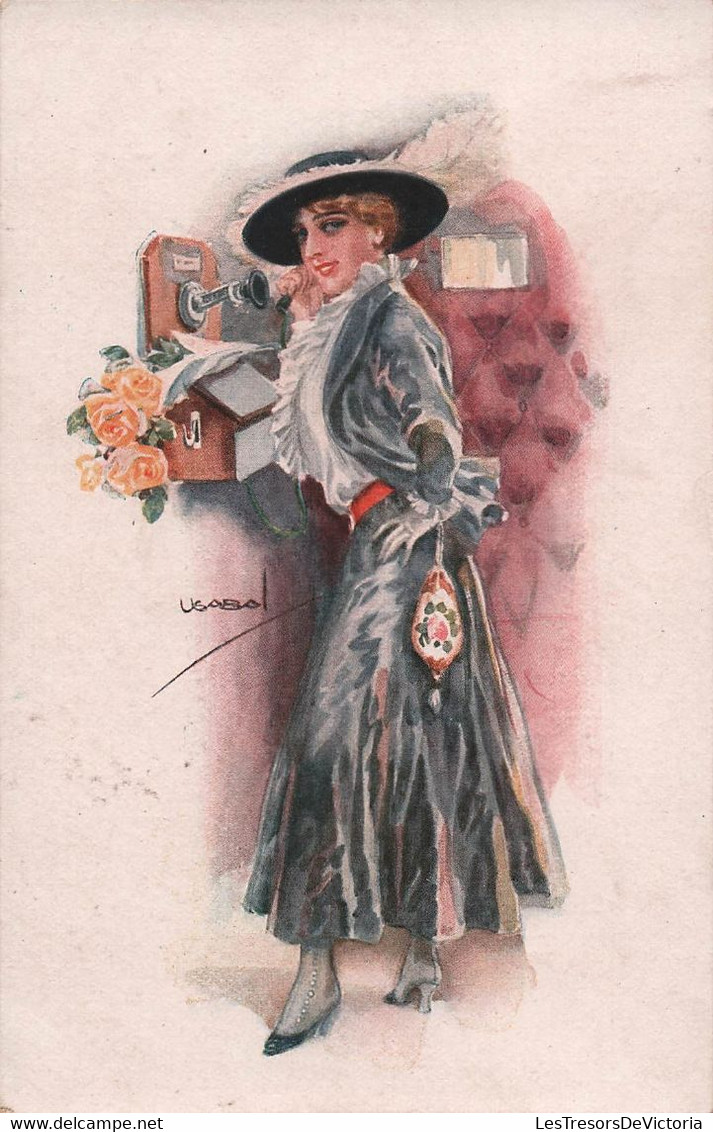 Illustrateur - Usabal - Femme Devant Un Telephone Ancien  - Carte Postale Ancienne - Usabal