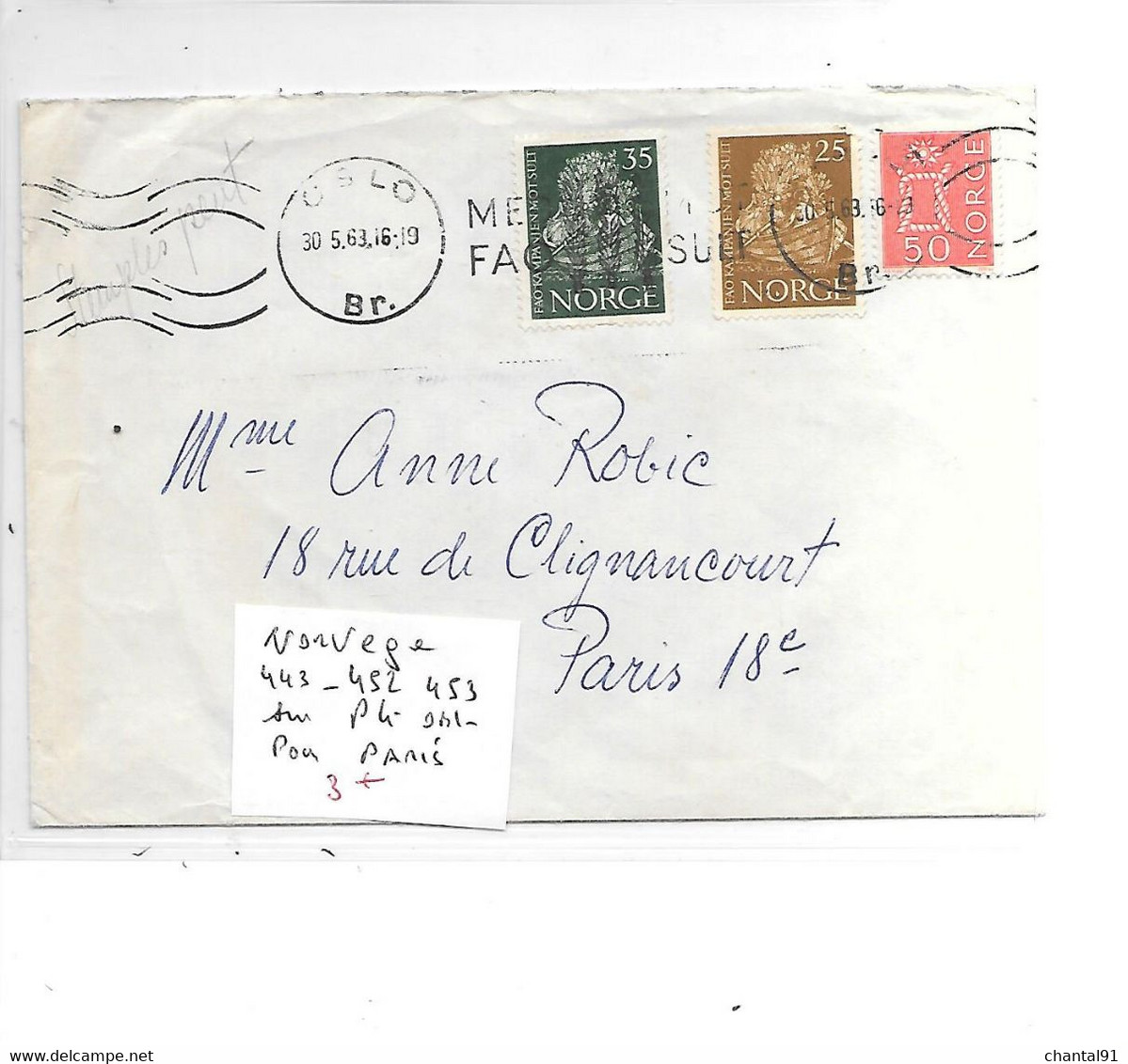 NORGEVE N° 443.452.453 SUR PLI OBL PARIS - Cartas & Documentos