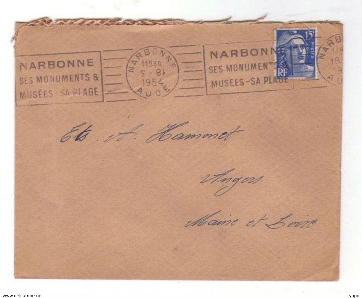 Curiosité, Enveloppe De 1954 De Narbonne (11) Pour Angers, N°886 , Flamme Avec Chiffres à L'envers Sur Cachet Dateur, - Storia Postale