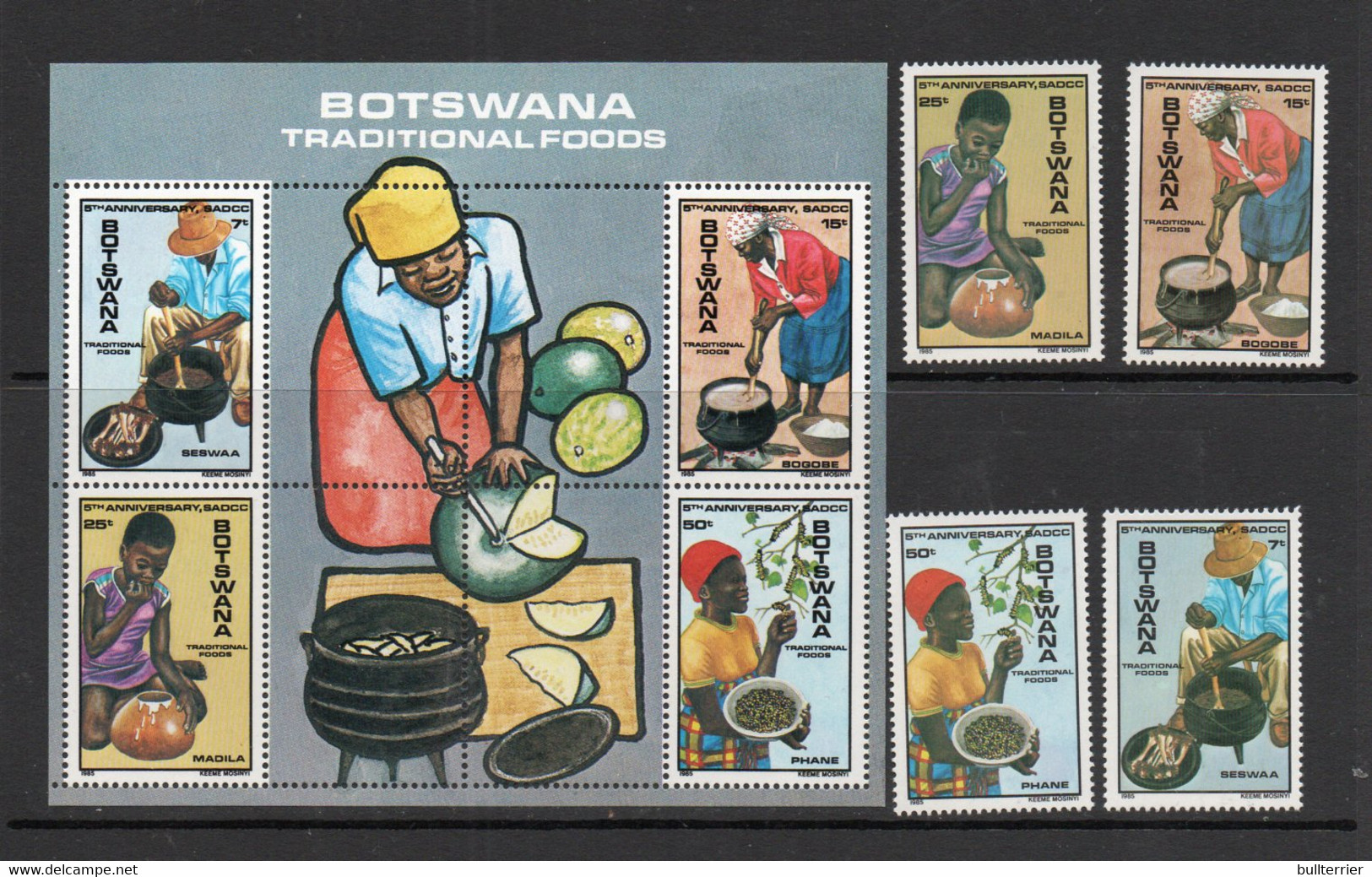BOTSWANA -  1985 - TRADITIONAL FOODS  SET OF 4 + SOUVENIR SHEET  MINT NEVER HINGED , SG CAT £10.75 - Botswana (1966-...)