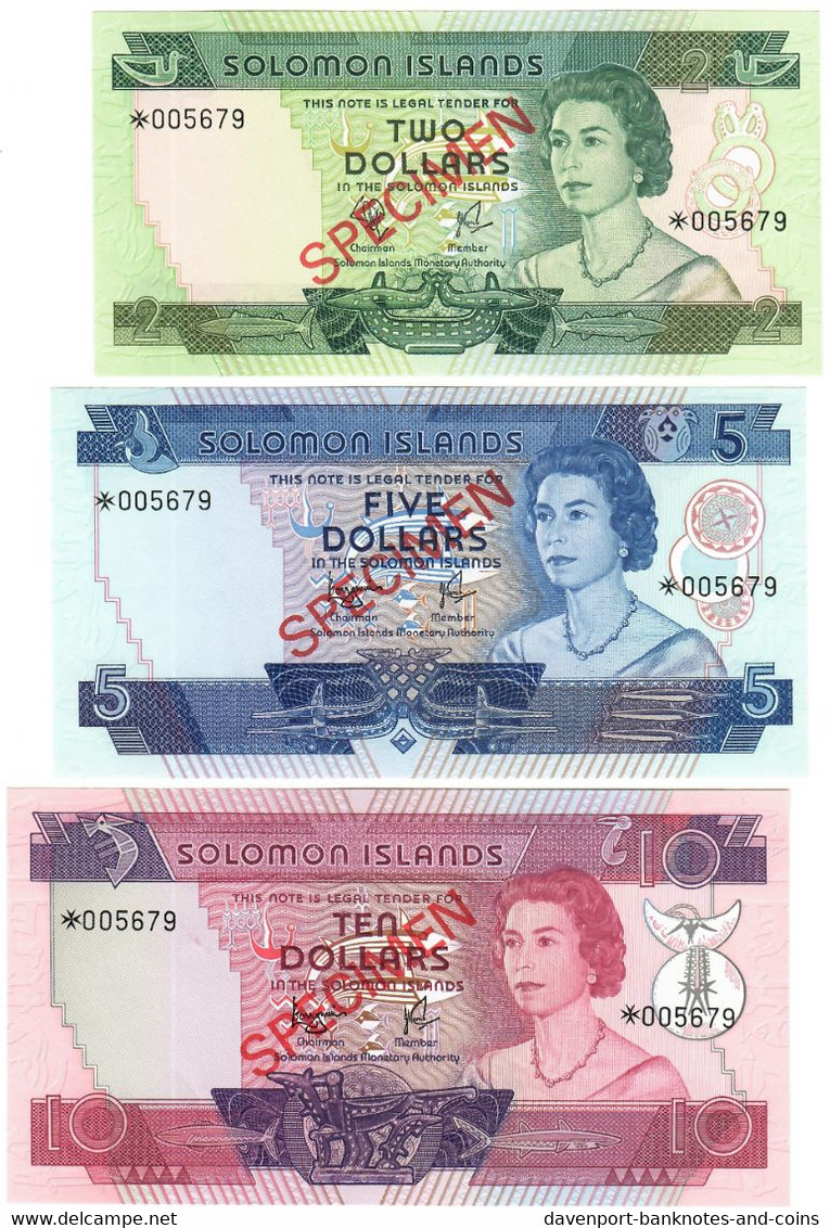 SET Solomon Islands 2, 5 & 10 Dollars 1979 UNC SPECIMEN & Matching - Salomons