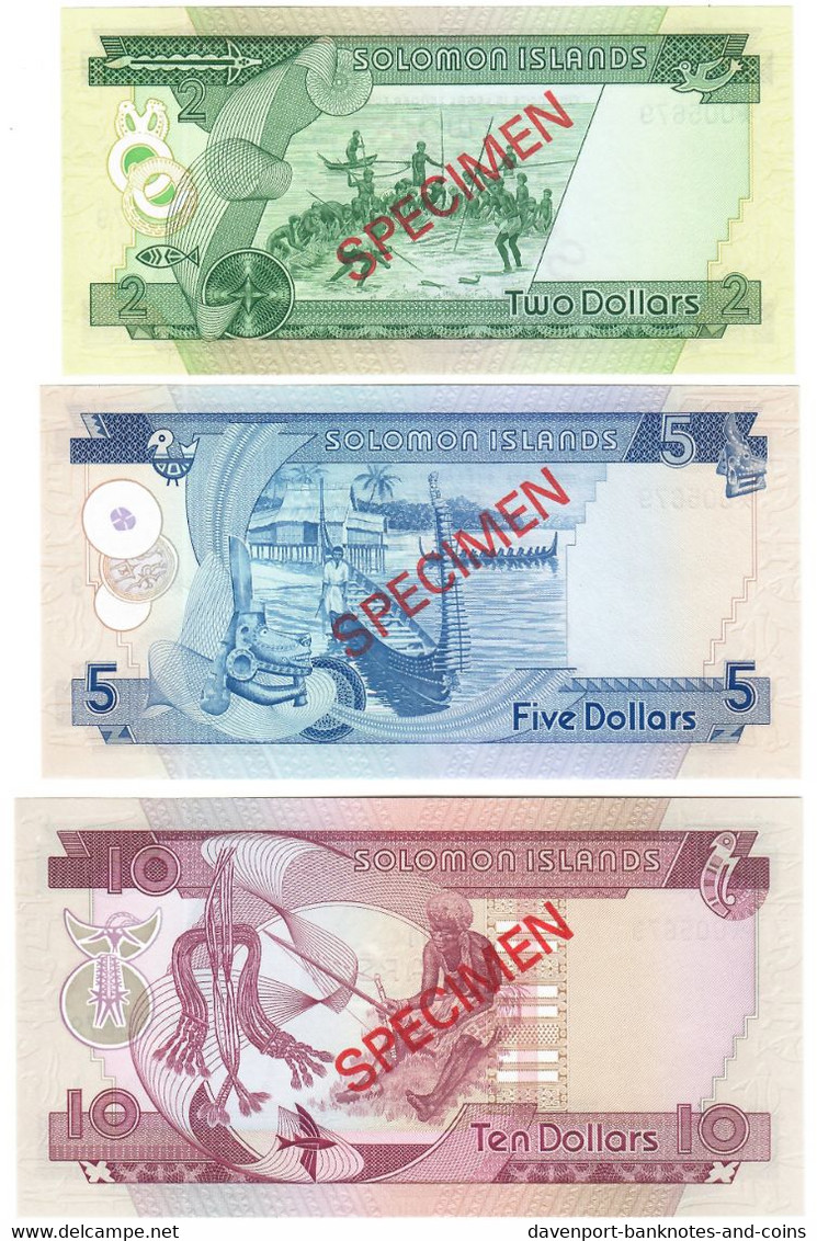 SET Solomon Islands 2, 5 & 10 Dollars 1979 UNC SPECIMEN & Matching - Isola Salomon