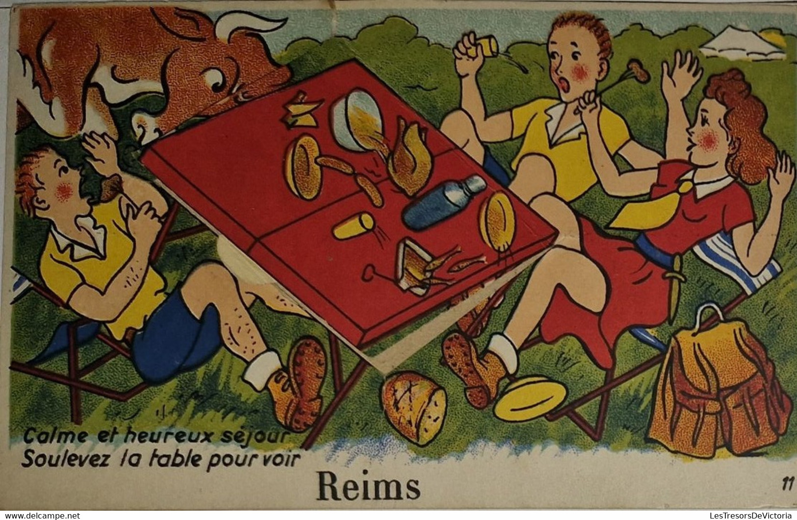 FANTAISIE à Système - Calme Et Heureux Séjour Soulevez La Table Pour Voir REIMS - Vache - Carte Postale Ancienne - Met Mechanische Systemen