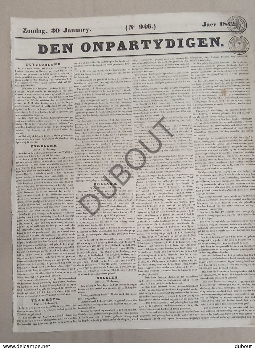 Dendermonde - Krant/Journal - Den Onpartydigen -  30-1-1842 (P326) - Allgemeine Literatur