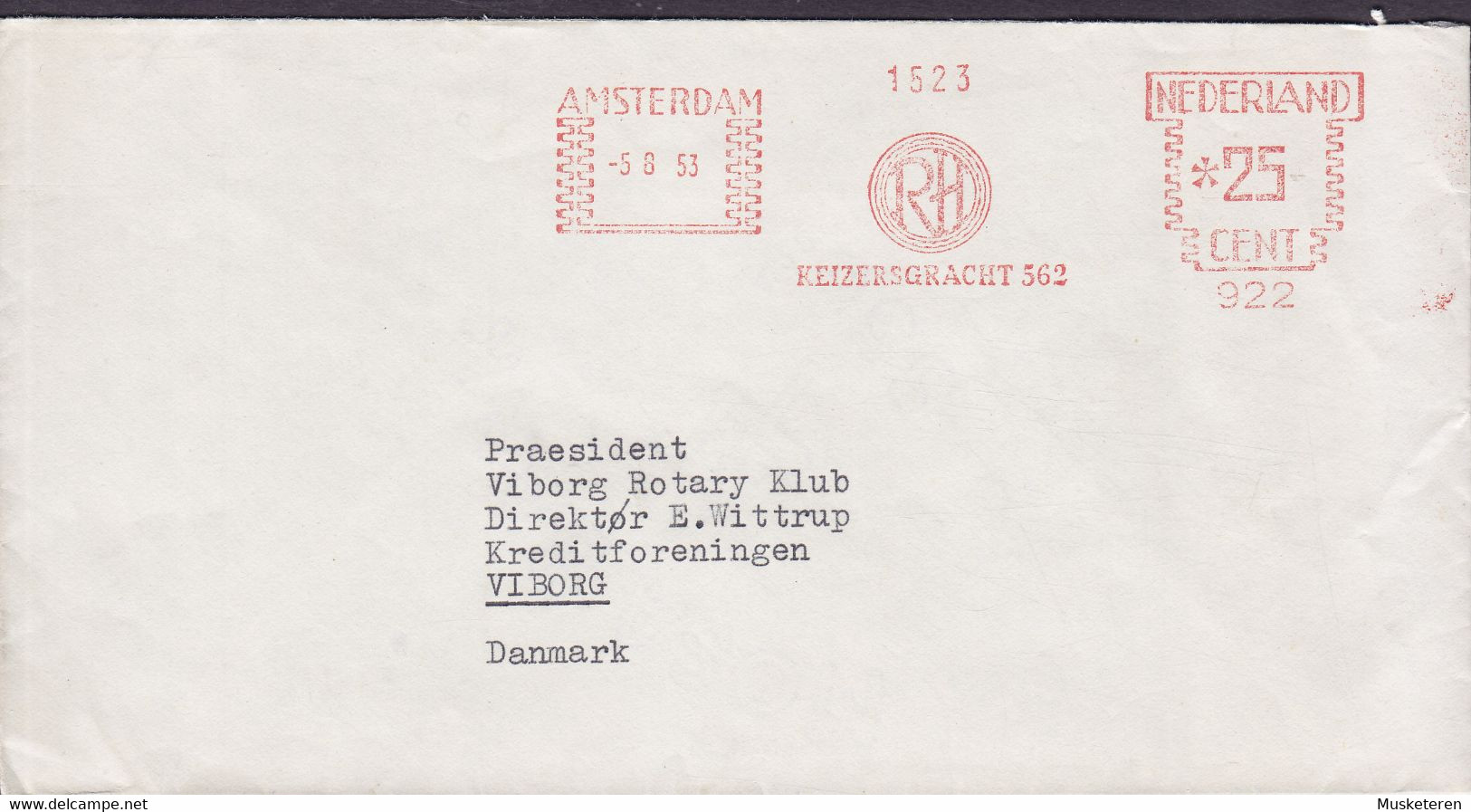 Netherlands 'RH Keizergracht 562 '1523'' AMSTERDAM 1953 Meter Cover Freistempel Brief VIBORG ROTARY KLUB Denmark - Frankeermachines (EMA)
