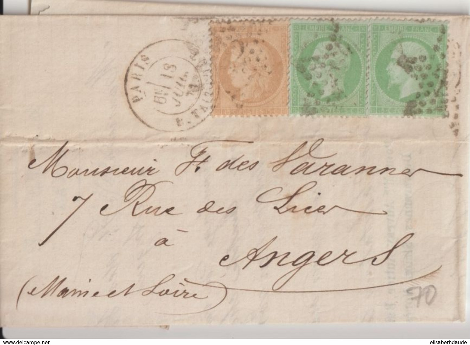 1872 - MIXTE CERES / EMPIRE Sur LETTRE De PARIS ETOILE 22 => ANGERS - 1871-1875 Cérès