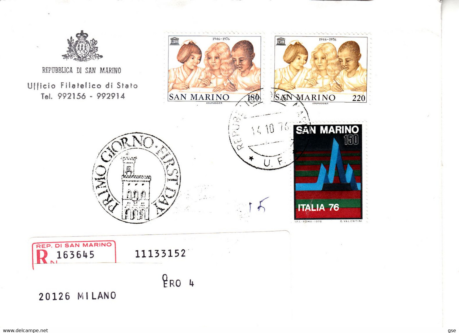 SAN MARINO  1976 -  Sassone 970/2 Su  Raccomandata - UNESCO - Lettres & Documents
