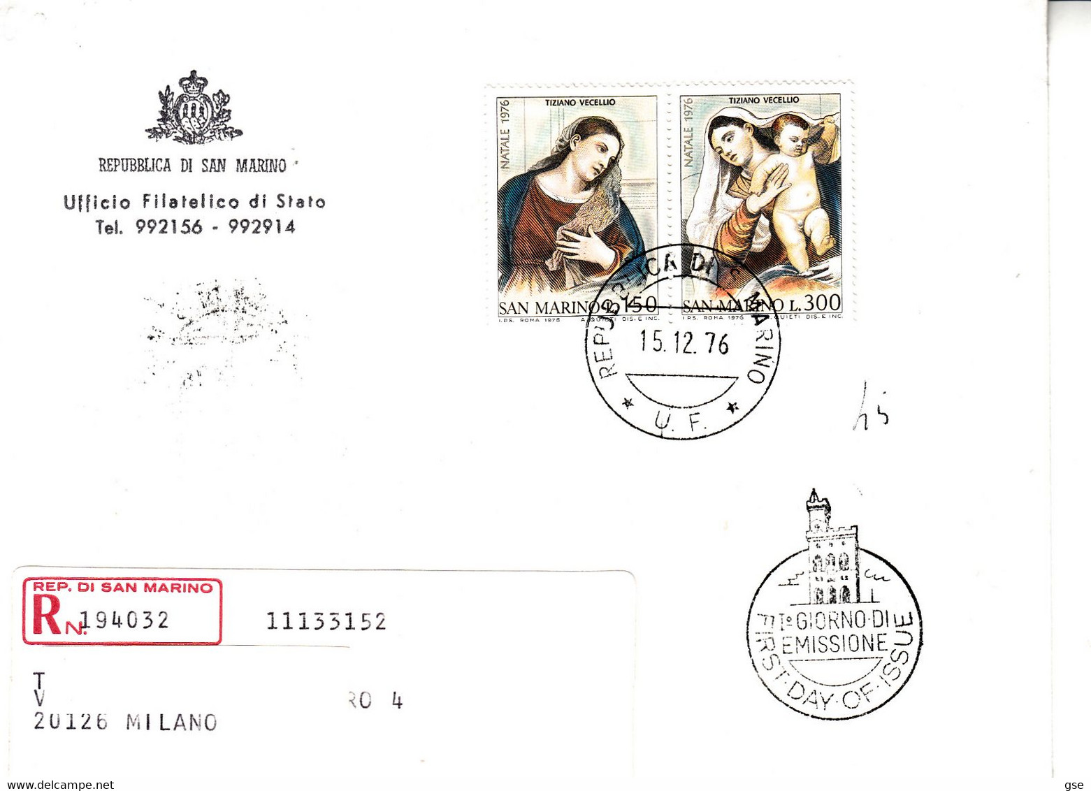 SAN MARINO  1976 -  Sassone  973/4  Raccomandata - Natale - Storia Postale