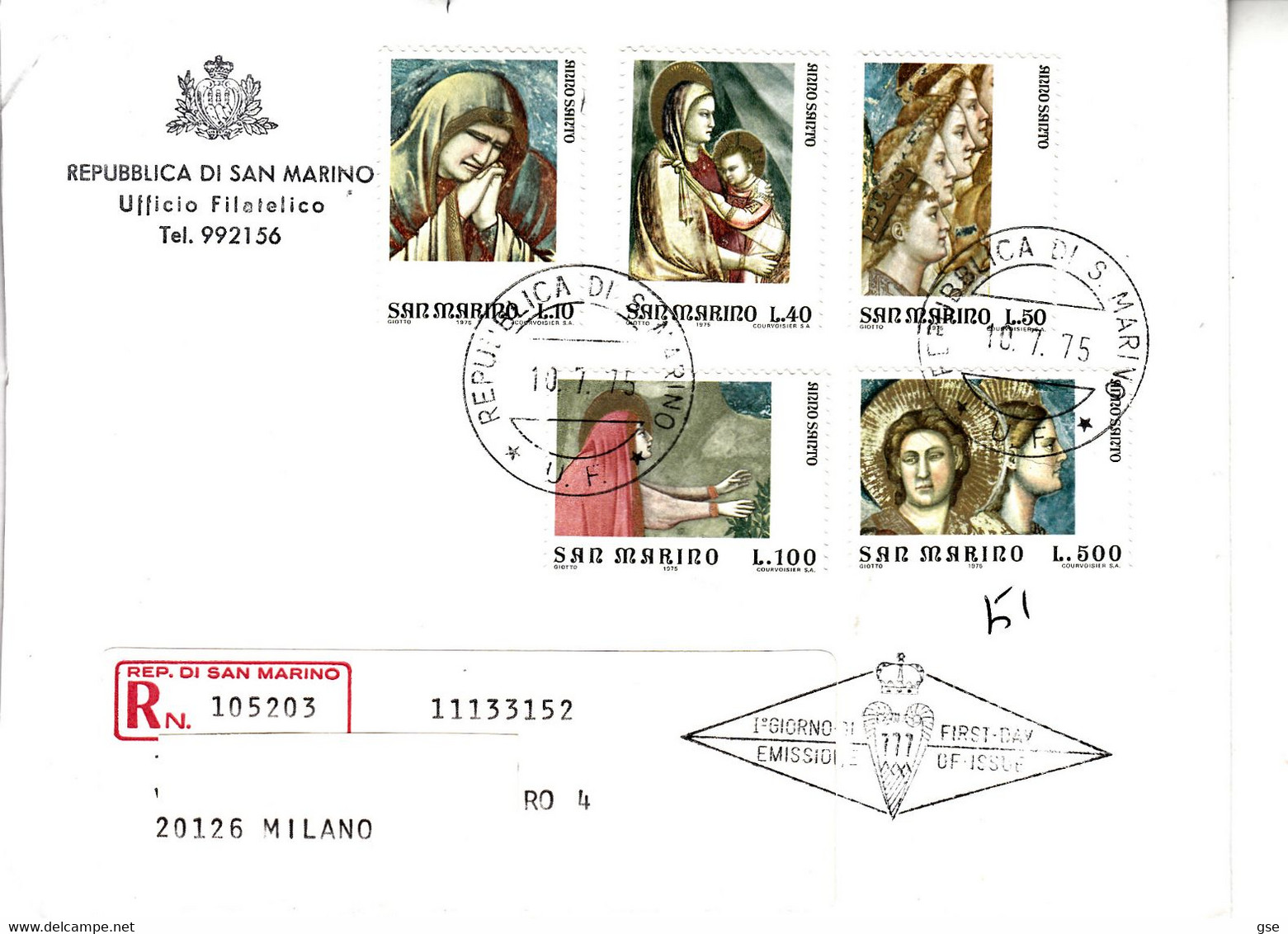 SAN MARINO  1975 -  Sassone  938/42  Raccomandata - Anno Santo - Arte - Storia Postale