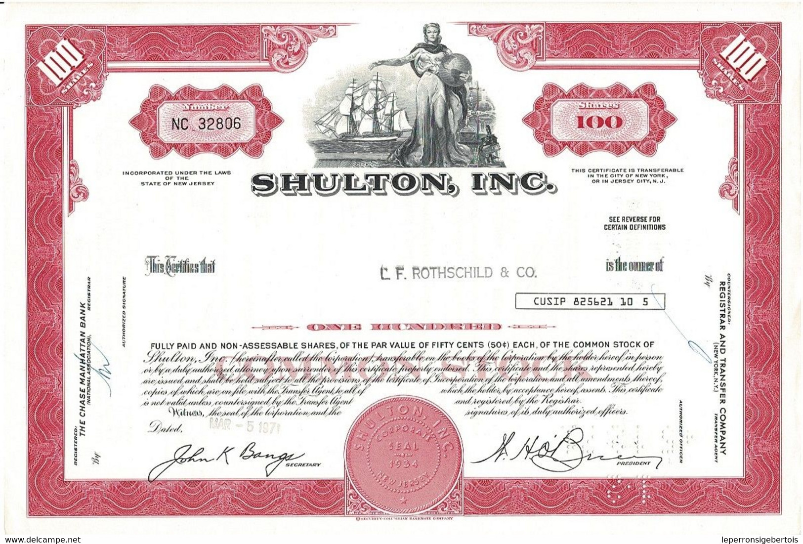 Titre De 1971 - SHULTON INC - Certificat Nominatif De Valeur Américaine - - Parfums & Beauté