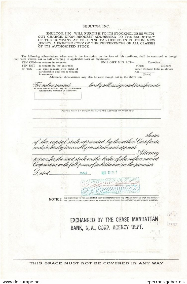 Titre De 1971 - SHULTON INC - Certificat Nominatif De Valeur Américaine - - Parfums & Beauté