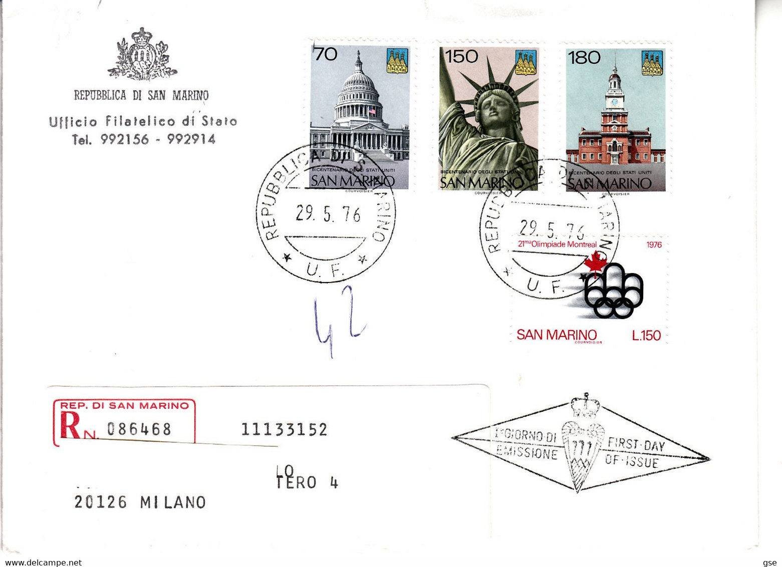 SAN MARINO  1976 -  Sassone  63/5-966 - Stati Uniti - Olimpiade  Montreal - Lettres & Documents