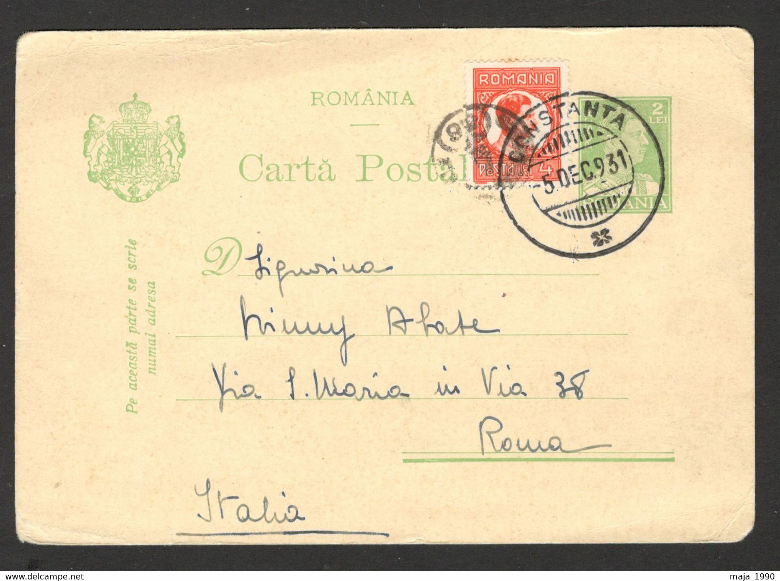 ROMANIA TO ITALY - POSTCARD STATIONERY - 1931. - Altri & Non Classificati