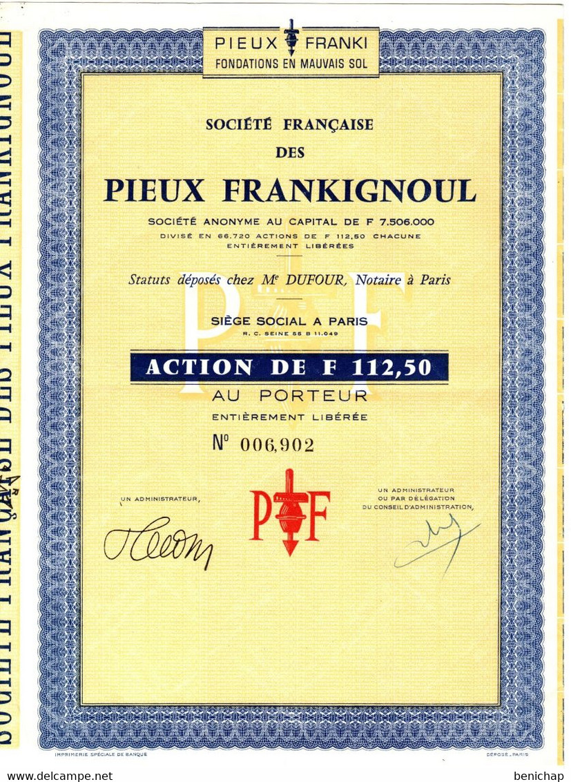 Société Francaise Des Pieux Frankignoul - Pieux Franki -  Action De Frs. 112.50 Au Porteur - Paris. - Industrie