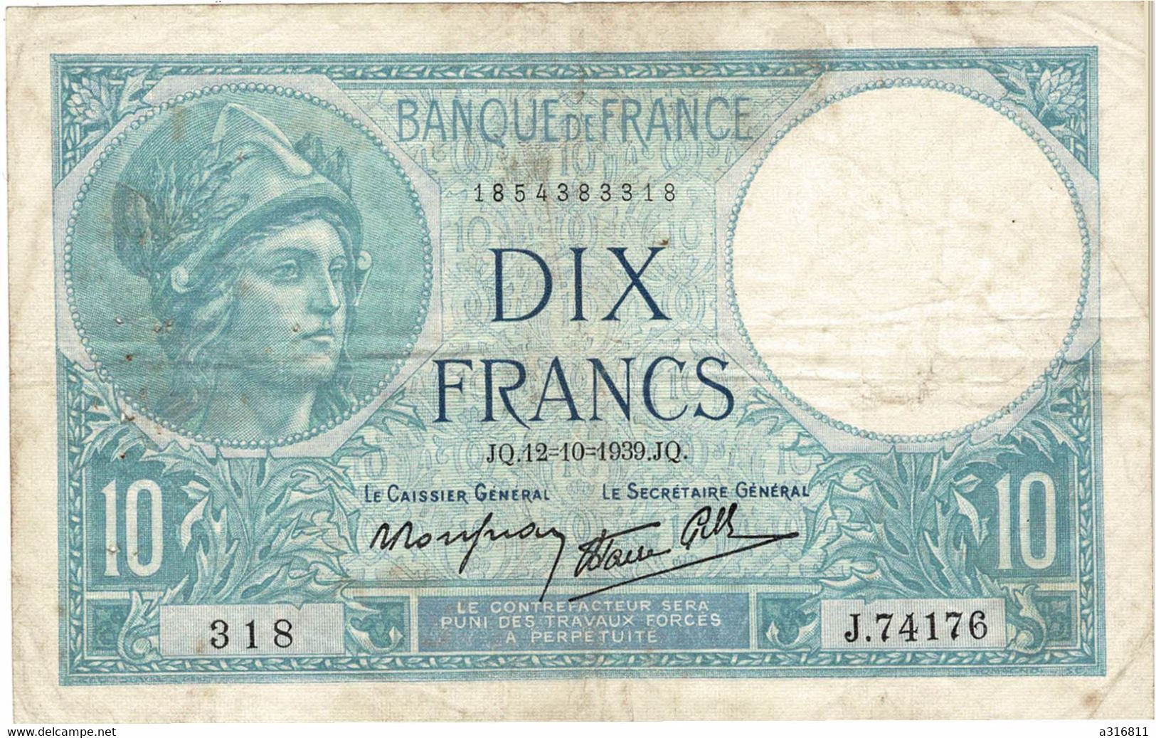 Billet Dix  Francs 1939 - 20 F 1939-1942 ''Science Et Travail''