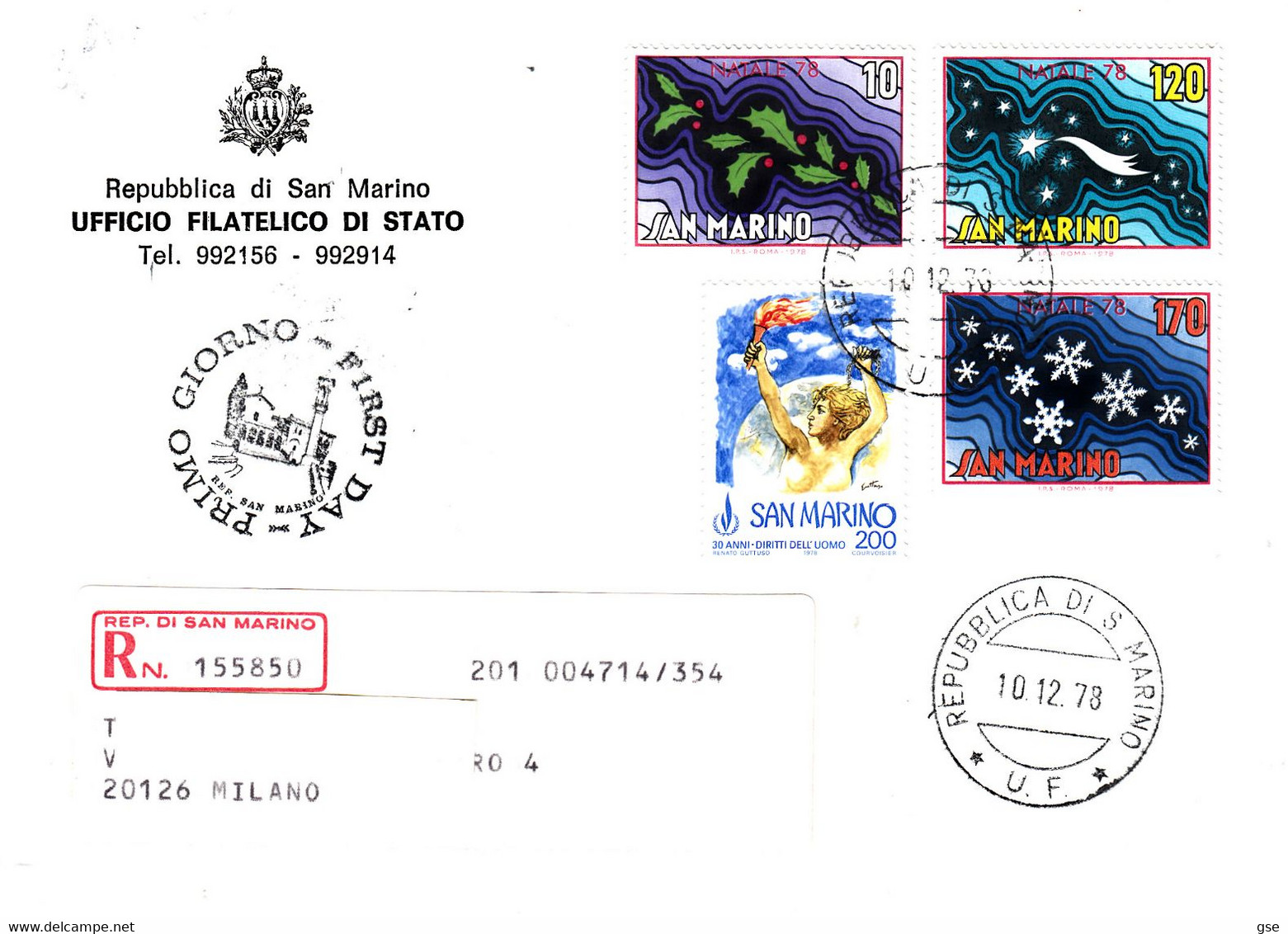 SAN MARINO  1978 -   Sassone 1012-1013/5 Su Raccomandata -  Dirittti Uomo E Natale - Covers & Documents