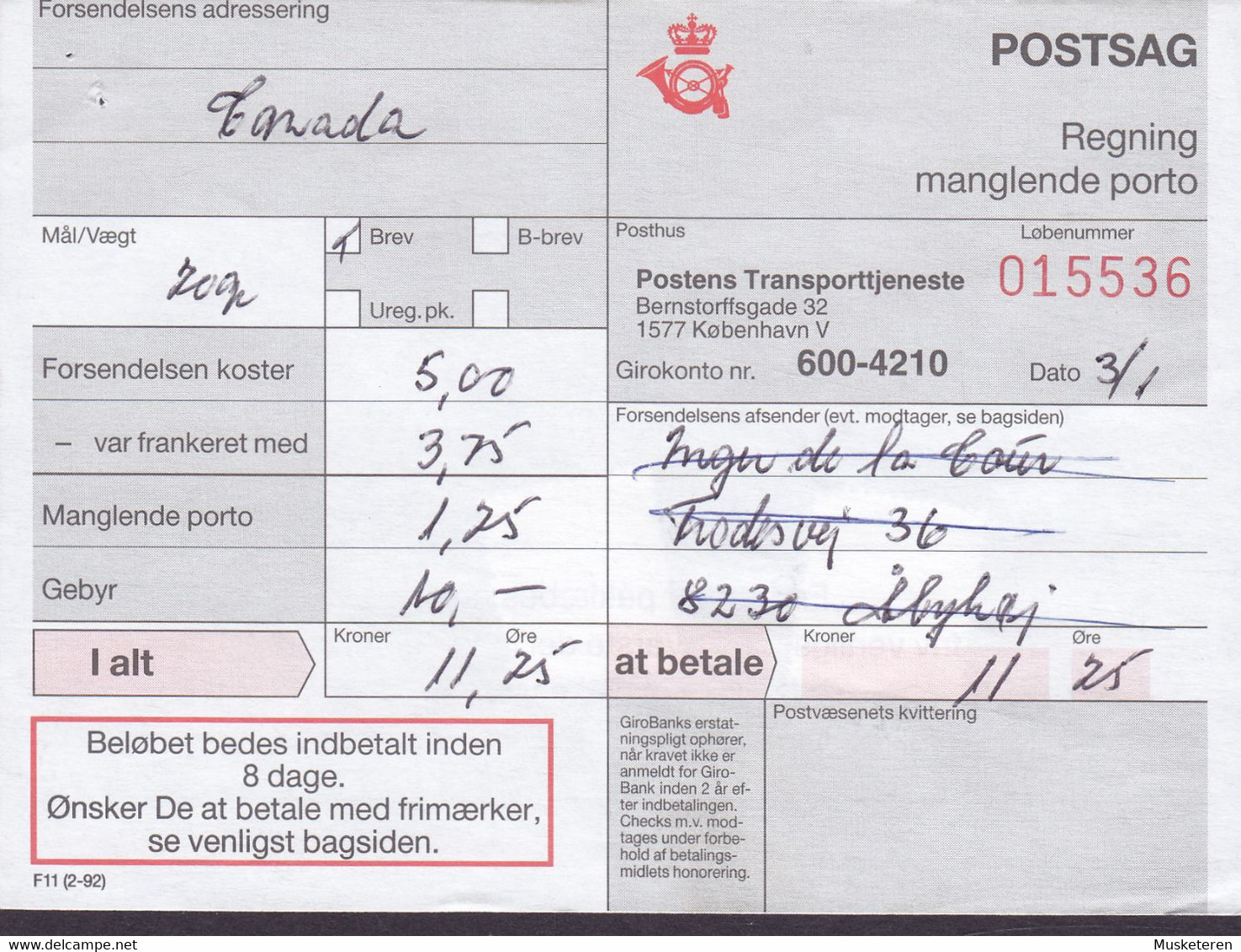 Denmark Regning Manglende Porto Bill TAXE Postage Due Canada Line Cds. ÅBYHØJ POSTEKSP. 1994 Postsag (2 Scans) - Storia Postale