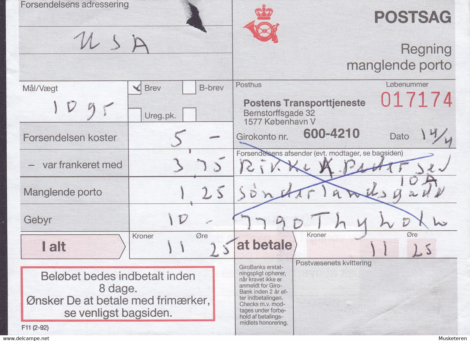 Denmark Regning Manglende Porto Bill TAXE Postage Due USA Line Cds. THYHOLM POSTEKSP. 1994 Postsag (2 Scans) - Briefe U. Dokumente