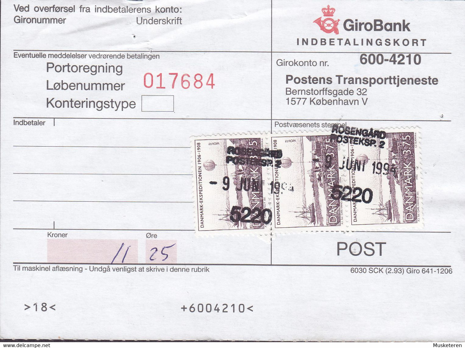 Denmark GiroBank Indbetalingskort Line Cds. ROSENGÅRD POSTEKSP. 2, 1994 Postsag 3-Stripe Cz. Slania (2 Scans) - Lettres & Documents