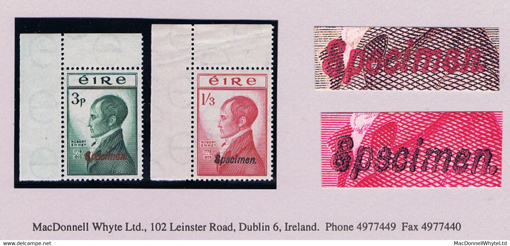 Ireland 1953 Emmet 3d And 1s 3d With "Specimen" Overprint, From Printers' Archive, Fresh Mint Unmounted Corner Marginal - Nuovi