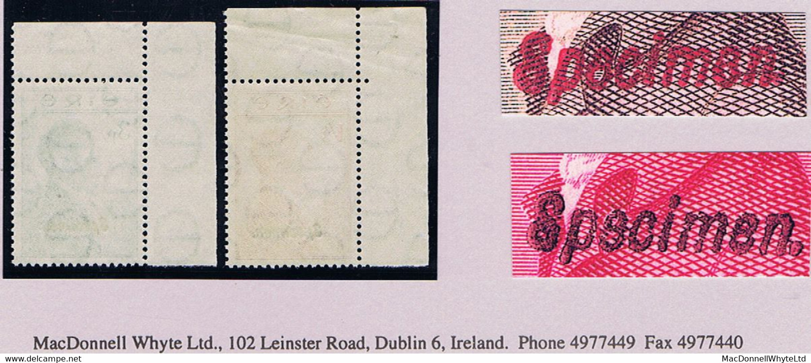 Ireland 1953 Emmet 3d And 1s 3d With "Specimen" Overprint, From Printers' Archive, Fresh Mint Unmounted Corner Marginal - Unused Stamps