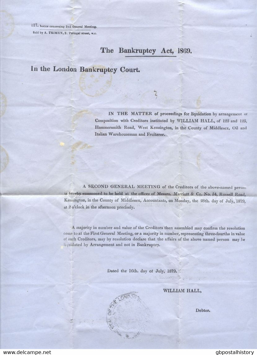 GB 1879, QV 1d (Pl. 190, CJ) And 2d (Pl. 15, TL - One Short Perf.) On Very Fine Registered Printed Matter (Bankruptcy) - Cartas & Documentos