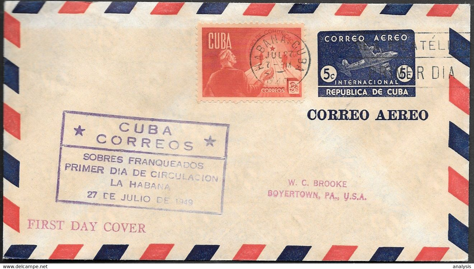 Cuba FDC Cover 1949. Aerogramme - Covers & Documents