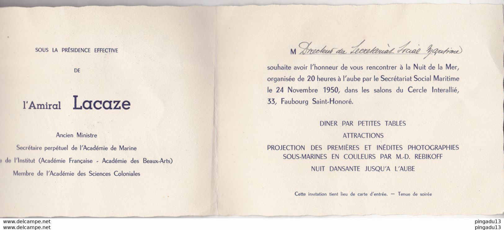Fixe Carton Invitation Nuit De La Mer Gala Présidence Amiral Lacaze Paris Cercle Interallié 33 Faubourg Saint Honoré - Bateaux