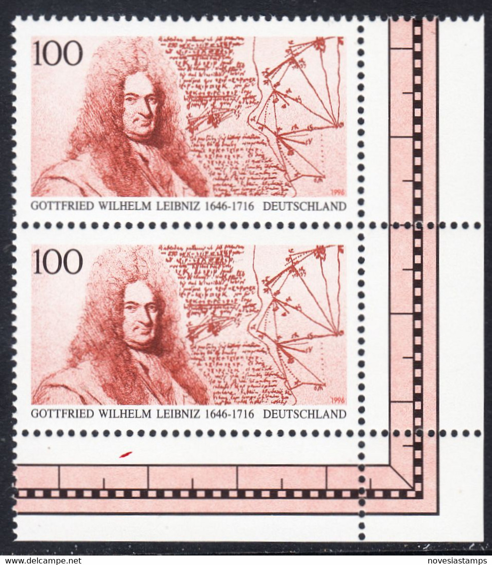 !a! GERMANY 1996 Mi. 1865 MNH Vert.PAIR From Lower Right Corner -Gottfried Wilhelm Leibniz - Unused Stamps