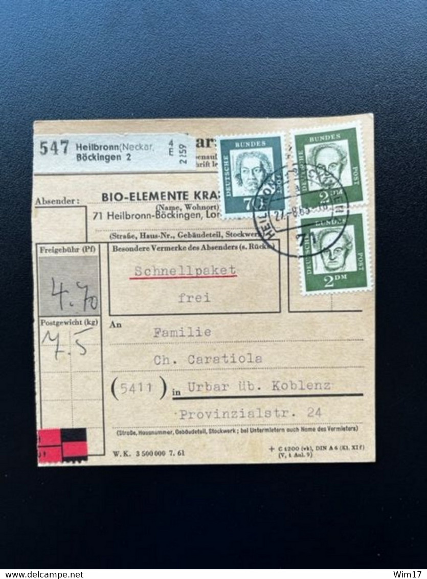 GERMANY 1963 PARCEL CARD HEILBRONN TO URBAR 27-08-1963 DUITSLAND DEUTSCHLAND - Covers & Documents