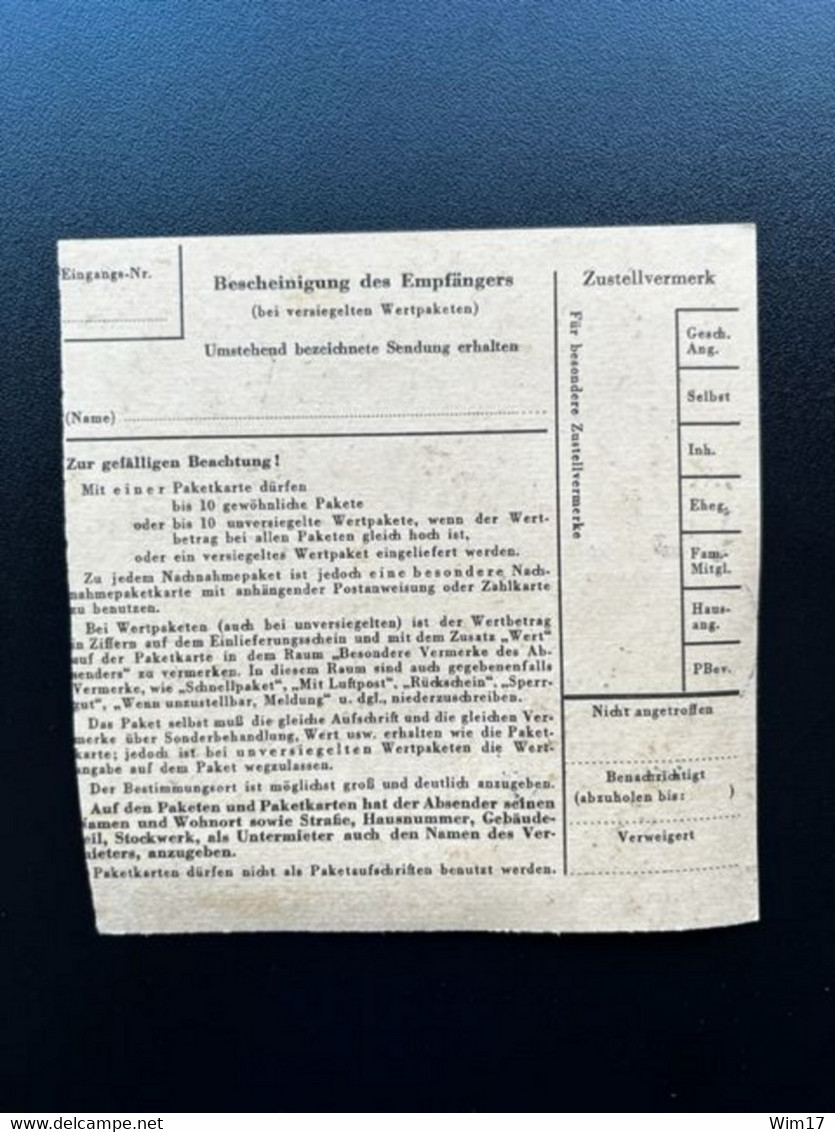 GERMANY 1963 PARCEL CARD HEILBRONN TO URBAR 27-08-1963 DUITSLAND DEUTSCHLAND - Covers & Documents