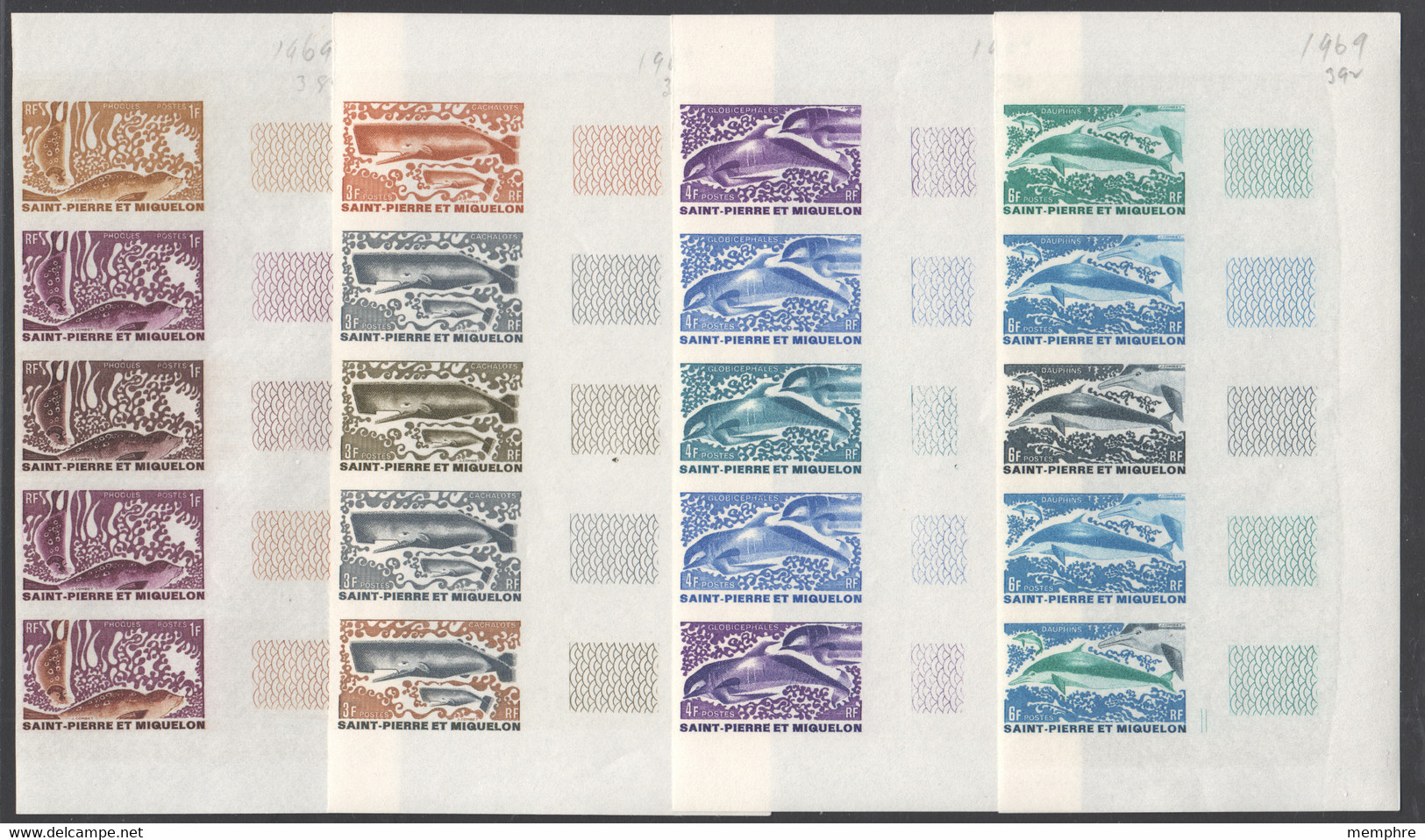 1969 Animaux Sous-marins Yv 391-4  Bandes De 5 Essais De Couleur ** - Geschnittene, Druckproben Und Abarten