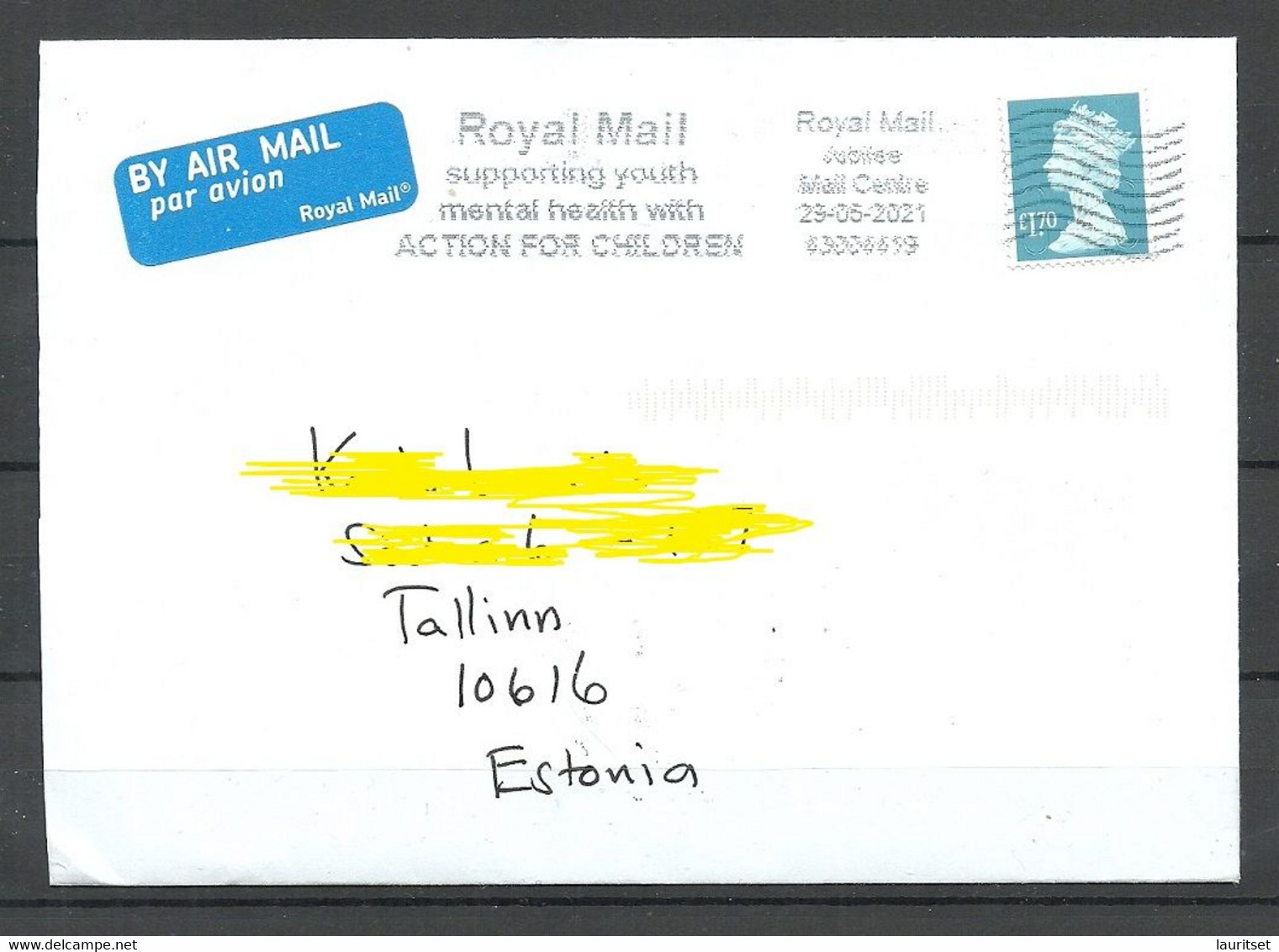 GREAT BRITAIN 2021 Air Mail Cover To Estonia With "Youth Mental Health" Cachet & Queen Elizabeth II 1,70 Stamp As Single - Cartas & Documentos