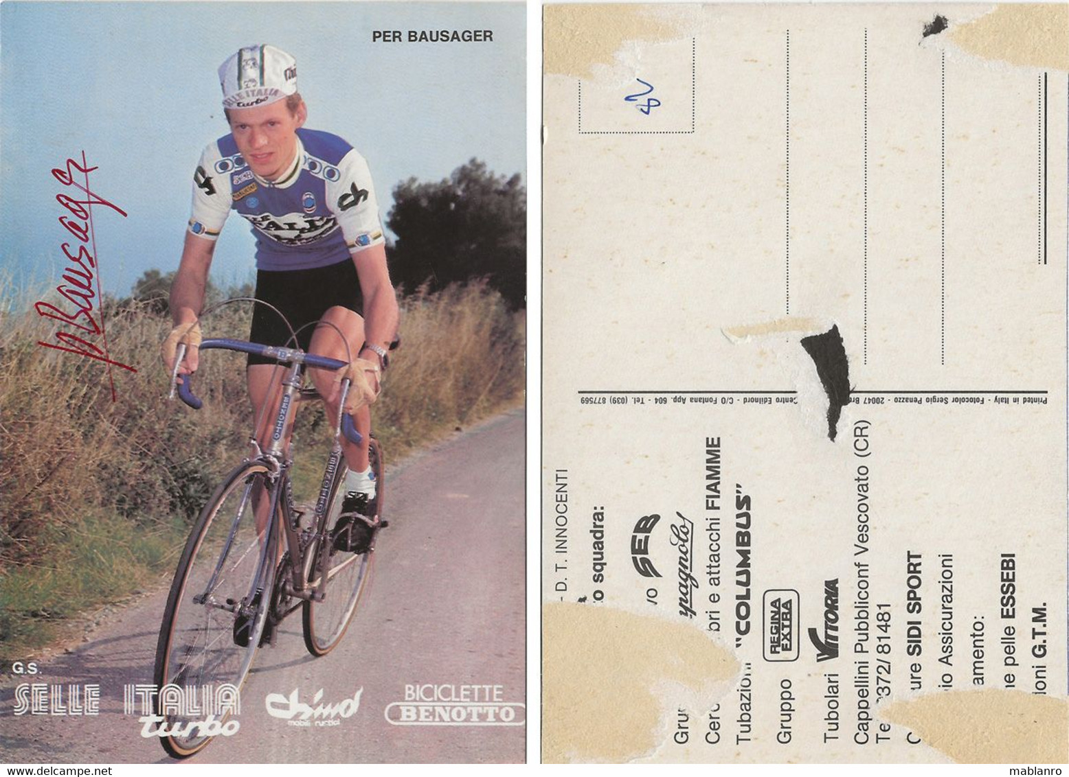 CARTE CYCLISME PER BAUSAGER TEAM SELLE ITALIA 1982 ( COUPE, FORMAT 10 X 14,7 VOIR PARTIE ARRIERE ) - Cycling
