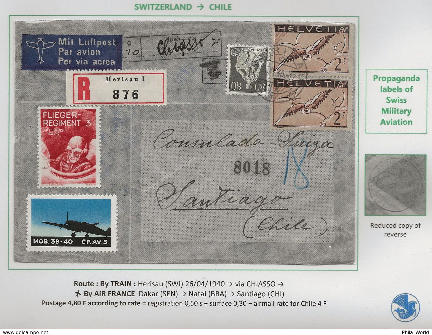 AIR FRANCE 1940 HELVETIA Switzerland Air Mail Cover > CHILE Propaganda Label Swiss Military Aviation Flieger Regiment - Lettres & Documents