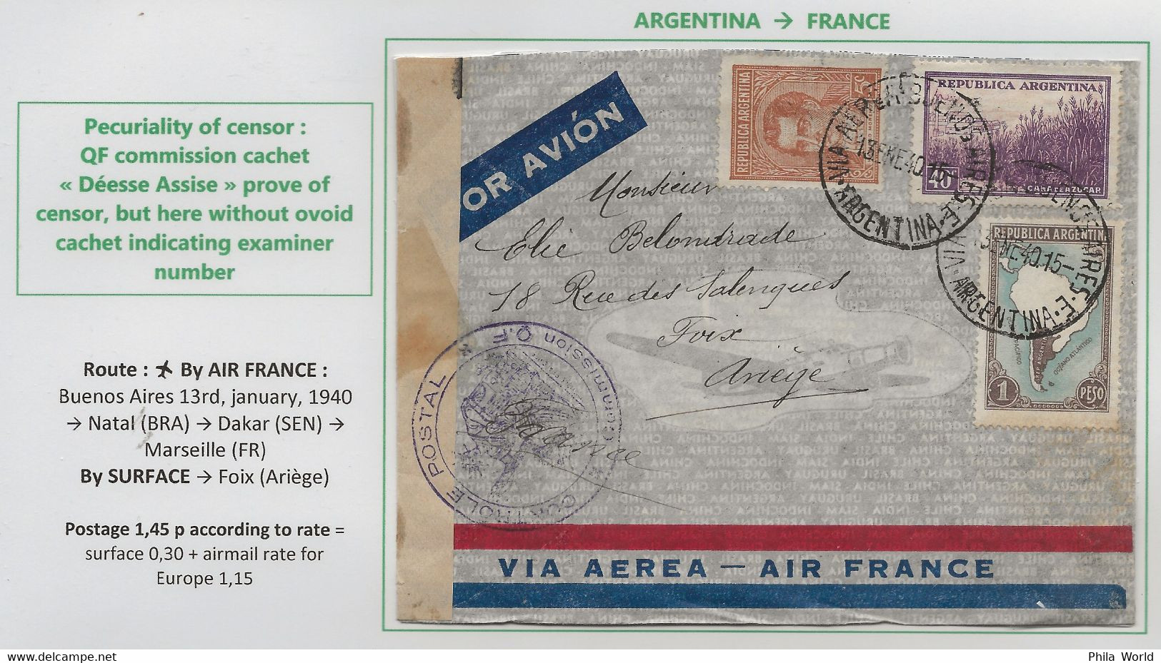 AIR FRANCE 1940 Argentina France Air Mail Cover QF Commission DEESSE ASSISE Without Ovoid Cachet Examiner Number - Storia Postale