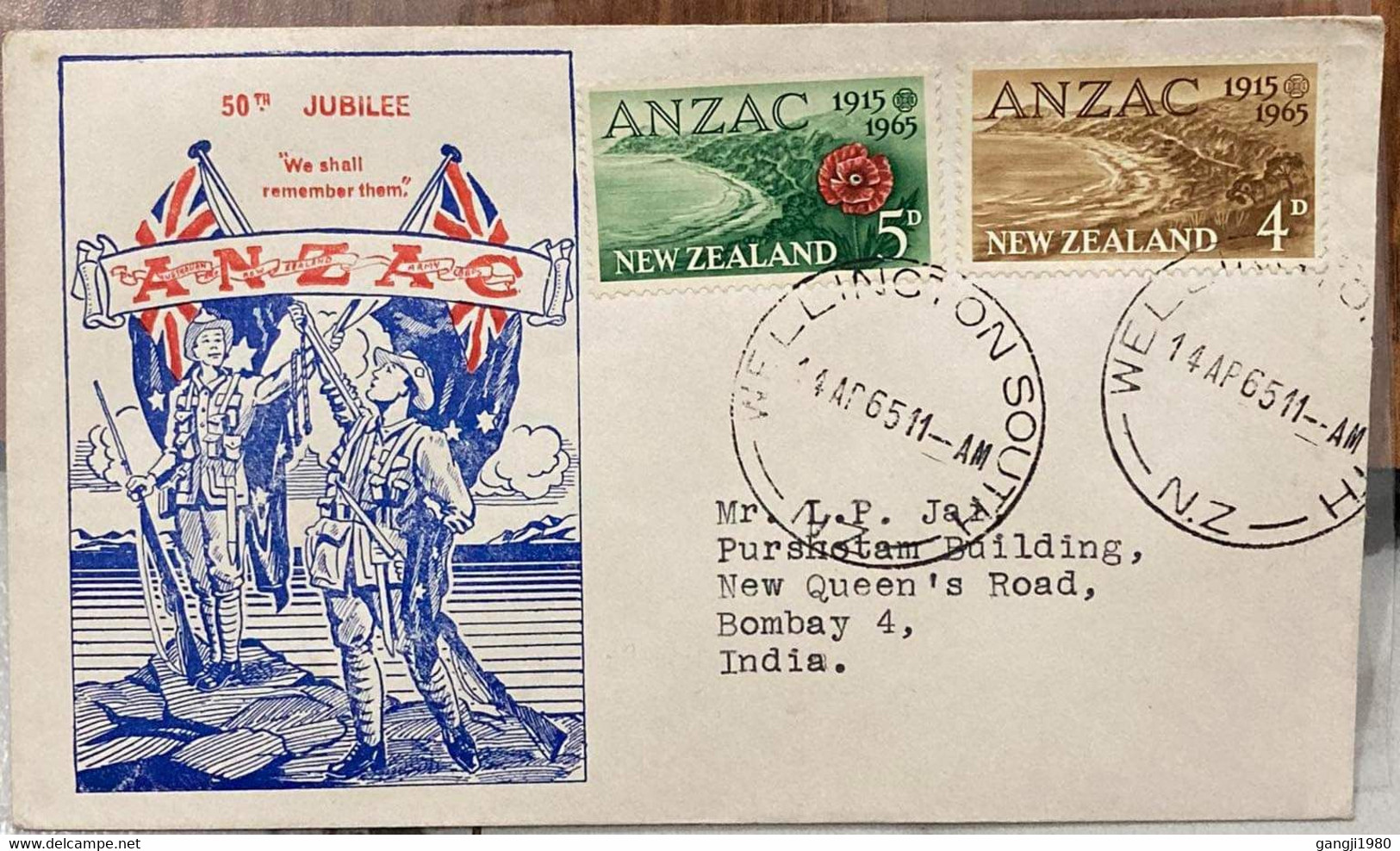 New Zealand,1965.private Fdc, ANZAC,welling Town South, POST MARK,TO ,INDIA,TO ADDRESS,L.P.JAI ,Cricketer. - Cartas & Documentos